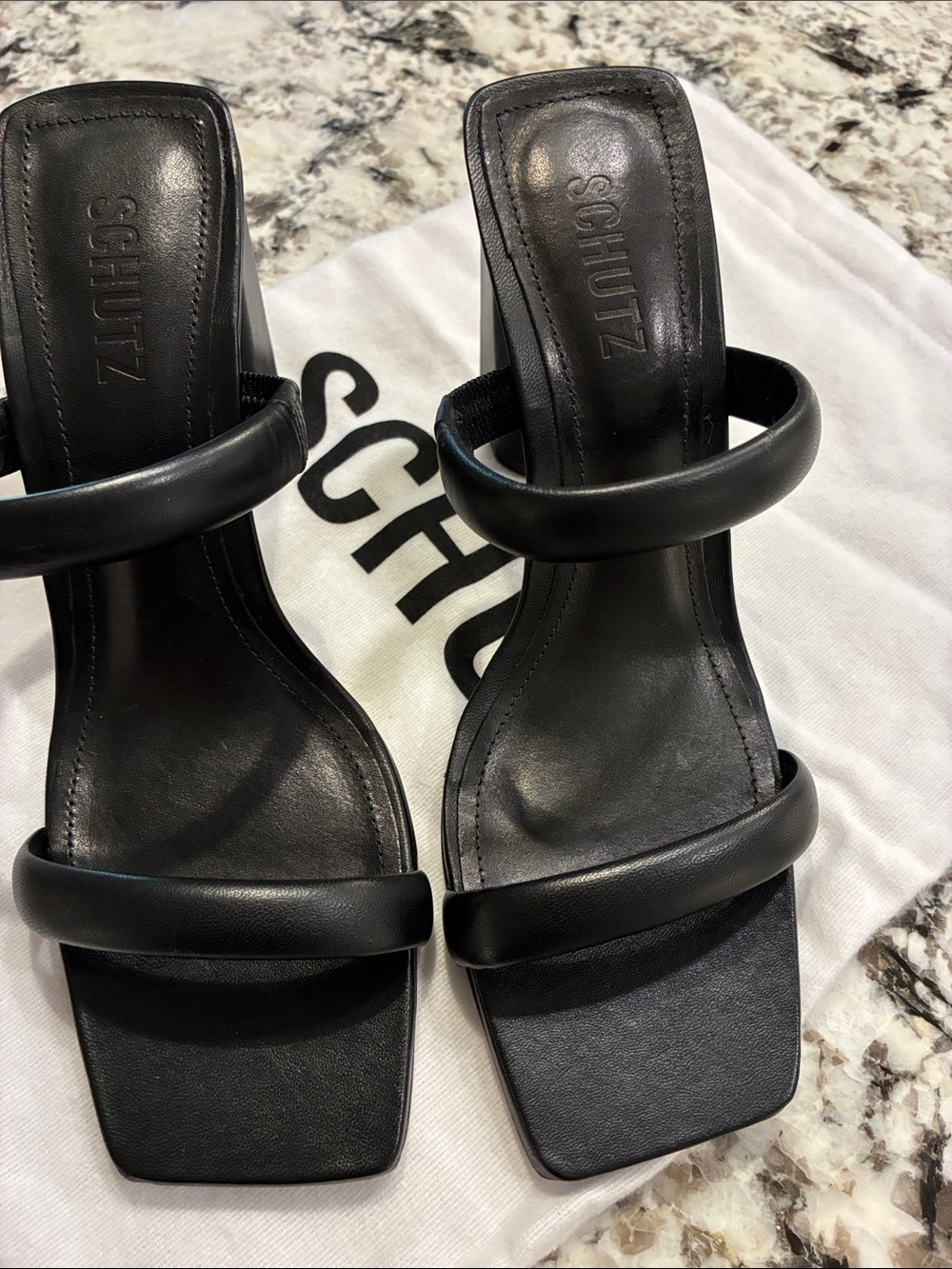 SCHUTZ Black Double-Strap Square-Toe Heeled Sandals